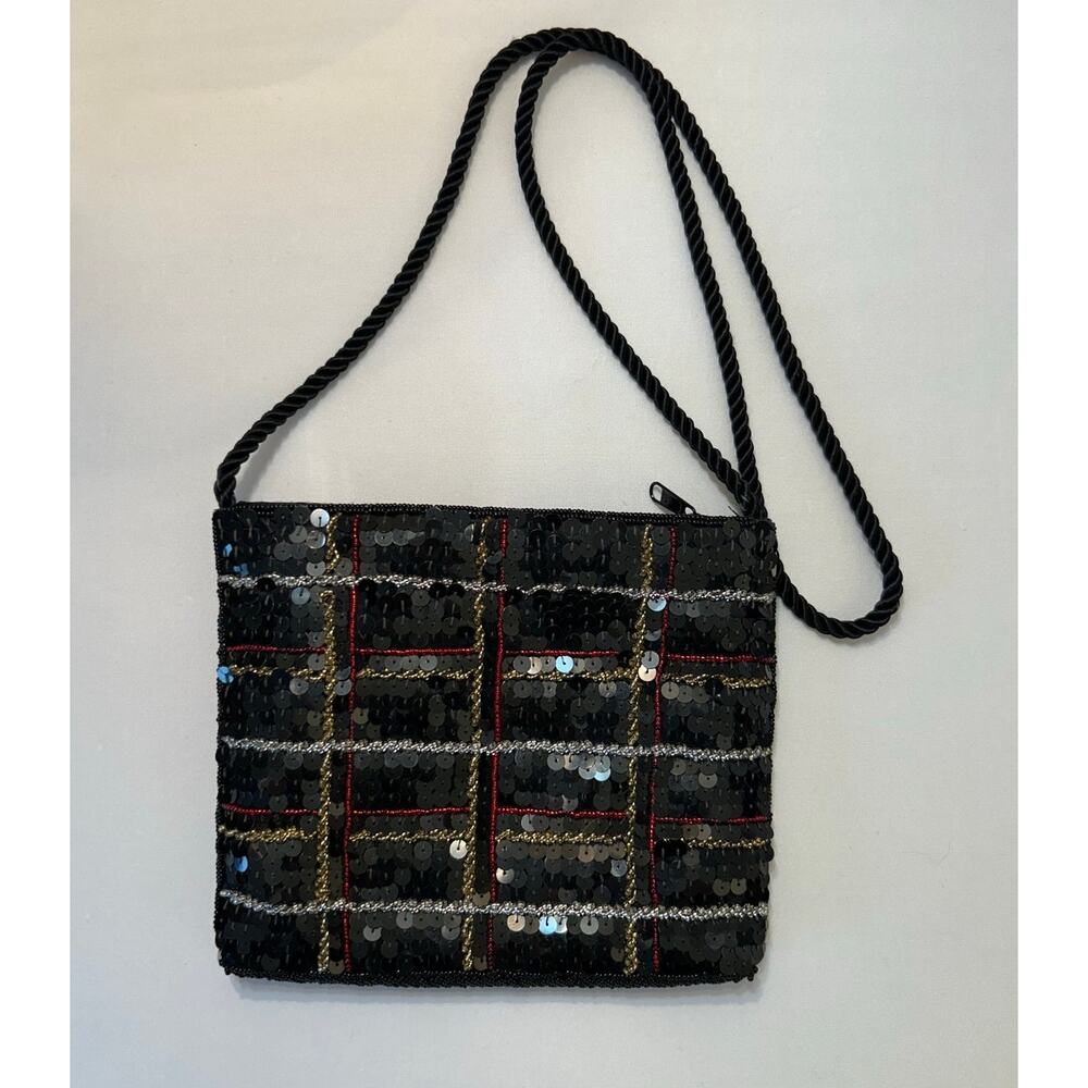 Vintage Imperial Fashion Beaded Sequin Crossbody Evening Bag Black Red Plaid